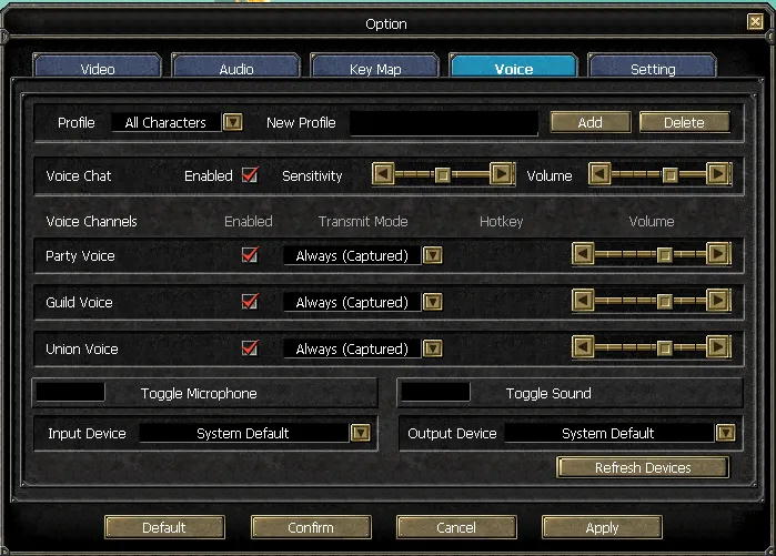 Voice Chat: Party, Guild ve Union kanallarının ses ve bas-konuş ayarları